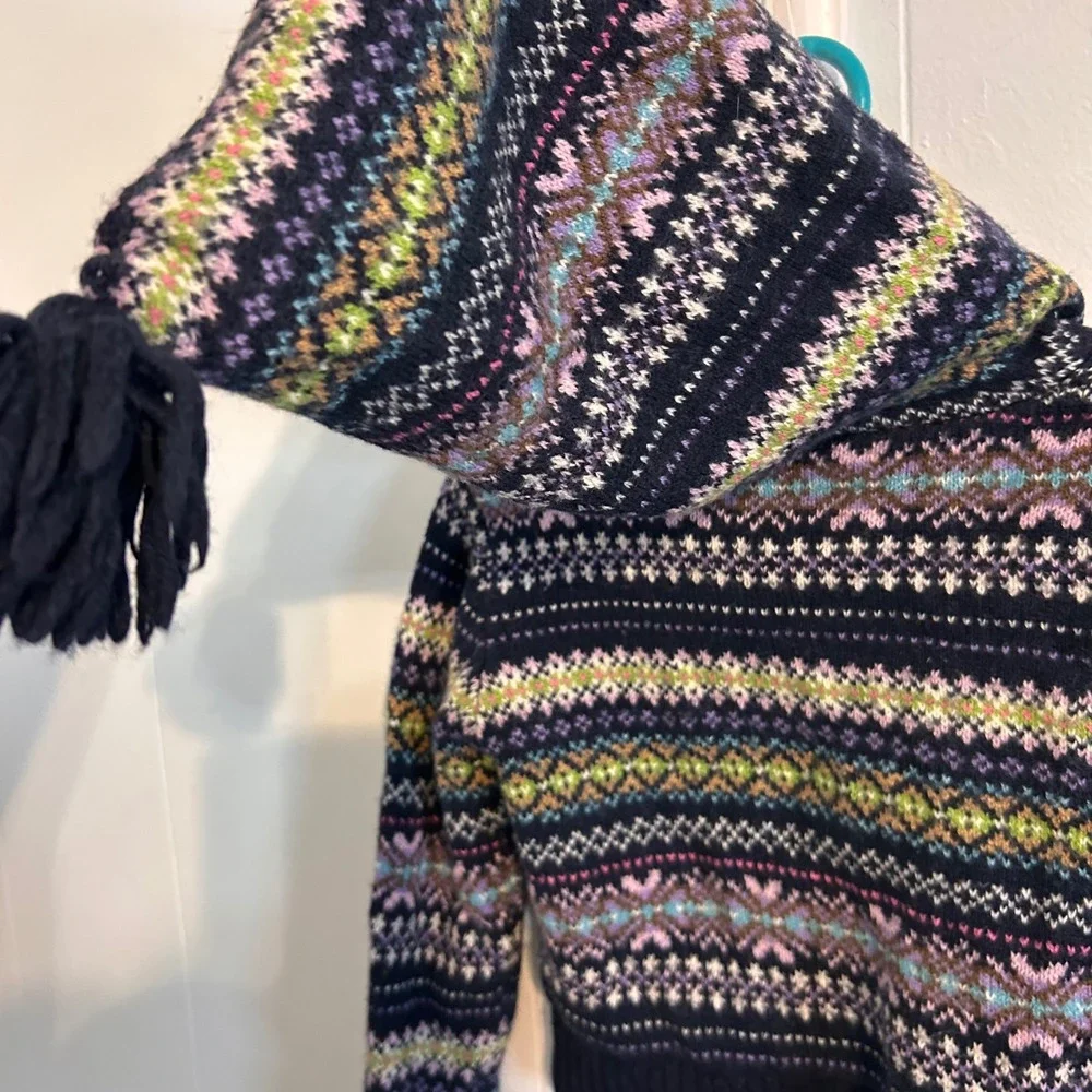 Gap Kids Navy Fair Isle Full Zip Hooded Cardigan Sweater Tassel Hood 4 Years